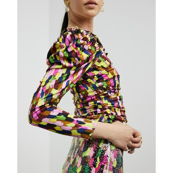 Brogger Multicolor Ruched Sleeve Blouse Colorful Art to Wear Artsy Boho Designer - Picture 16 of 16